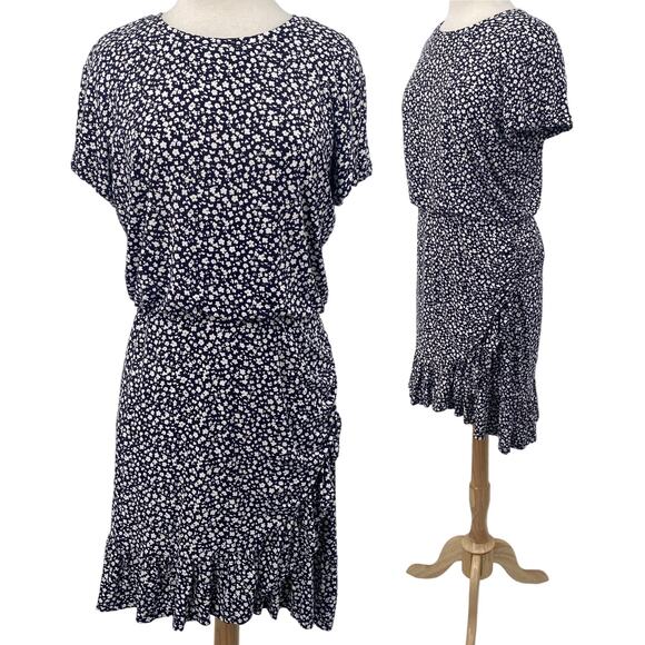 Banana Republic Mini Dress Floral Printed Flounce Fit & Flare Jersey Knit Navy M - Picture 1 of 10